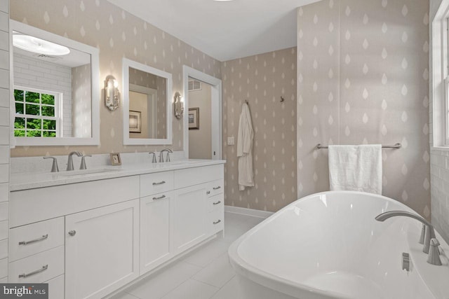 121 Eshelman Rd, Lancaster, PA 17601 - bathroom featuring wallpapered walls, double vanity, a soaking tub, and tile patterned flooring