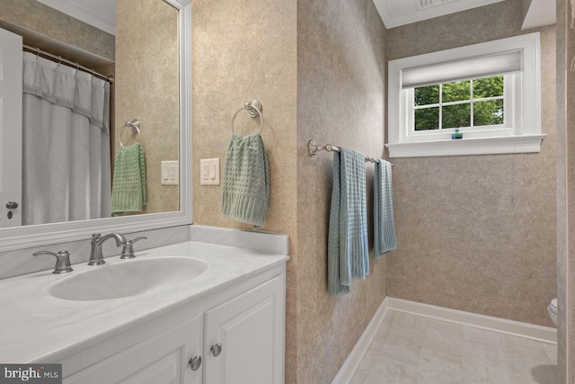 121 Eshelman Rd, Lancaster, PA 17601 - bathroom featuring vanity, toilet, marble finish floors, and crown molding
