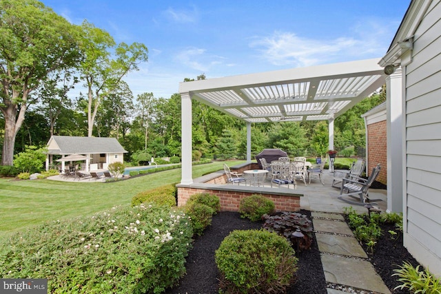 121 Eshelman Rd, Lancaster, PA 17601 - view of green lawn with a pergola, a patio area, and an outdoor structure