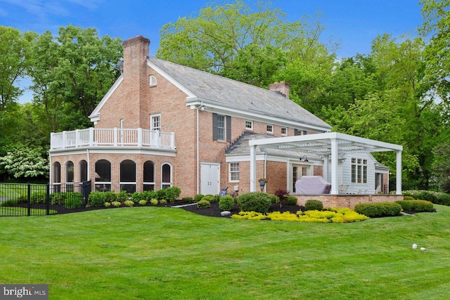 121 Eshelman Rd, Lancaster, PA 17601 - rear view of property with a pergola, a chimney, brick siding, and a balcony