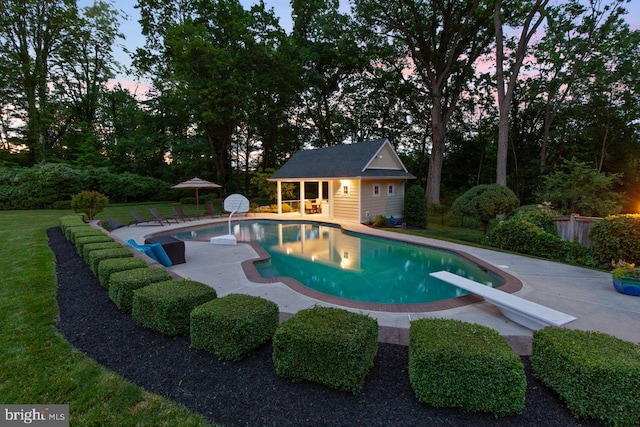 121 Eshelman Rd, Lancaster, PA 17601 - view of pool with an exterior structure, a patio, a diving board, and an outdoor structure
