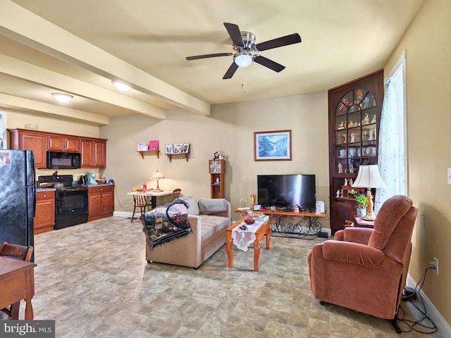 225 S State St, Ephrata, PA 17522 - living area featuring ceiling fan, baseboards, stone finish flooring, and beamed ceiling