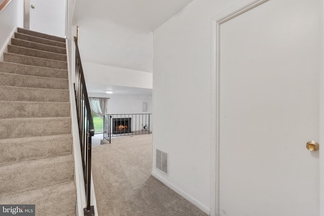 2339 Millennium Ln, Reston, VA 20191 - stairs featuring carpet flooring and a warm lit fireplace