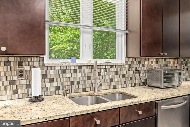 27 Athens Ln, Ruther Glen, VA 22546 - kitchen with stainless steel dishwasher, a sink, dark brown cabinets, and decorative backsplash