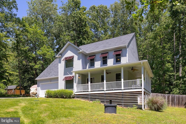 27 Athens Ln, Ruther Glen, VA 22546 - view of front of house with ceiling fan, a porch, a garage, and roof with shingles