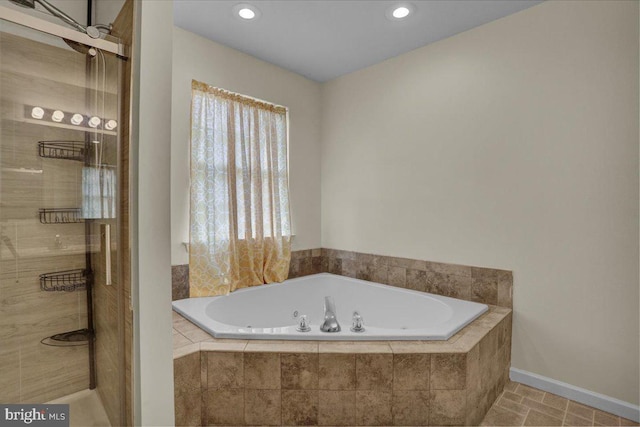 69 Calais Dr, Reading, PA 19605 - full bathroom featuring a stall shower, a bath, baseboards, and recessed lighting