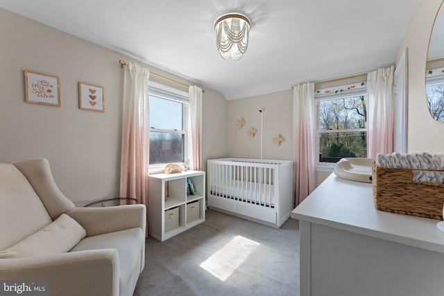 812 E Haverford Rd, Bryn Mawr, PA 19010 - bedroom featuring radiator heating unit, multiple windows, light carpet, a crib, and vaulted ceiling