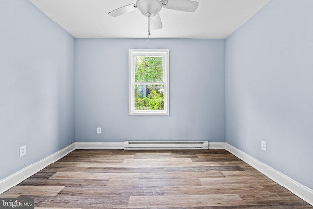 821 E Jeffrey St, Baltimore, MD 21225 - spare room featuring baseboard heating, a ceiling fan, baseboards, and wood finished floors
