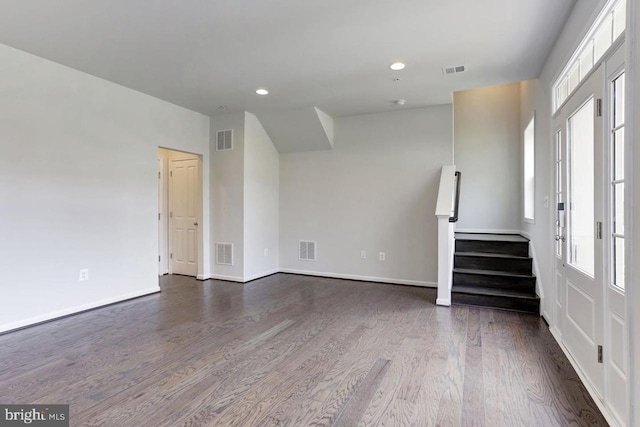 11 Blue Jay Way, Clarksburg, MD 20871 - unfurnished living room with wood finished floors, stairs, recessed lighting, and baseboards