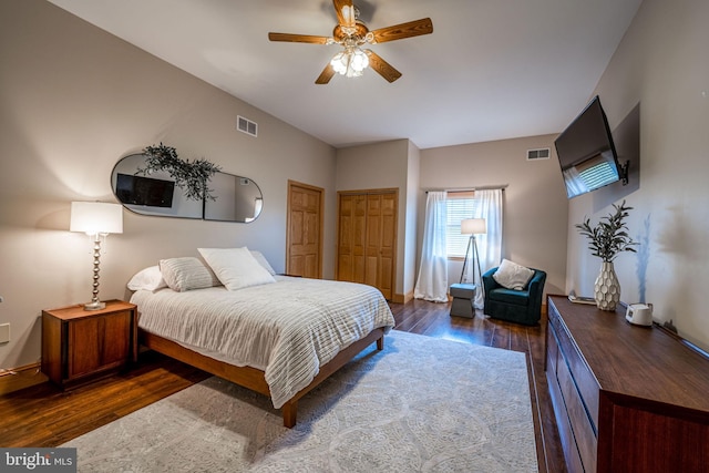 1874 Roundtop Rd, Wellsboro, PA 16901 - bedroom with dark wood-style flooring, a ceiling fan, and baseboards