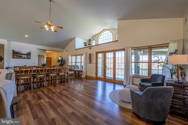 1874 Roundtop Rd, Wellsboro, PA 16901 - living area featuring ceiling fan, high vaulted ceiling, wood finished floors, and baseboards
