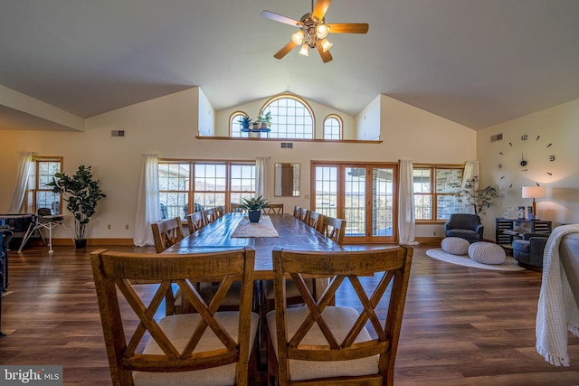 1874 Roundtop Rd, Wellsboro, PA 16901 - dining room featuring ceiling fan, plenty of natural light, dark wood-style floors, high vaulted ceiling, and baseboards