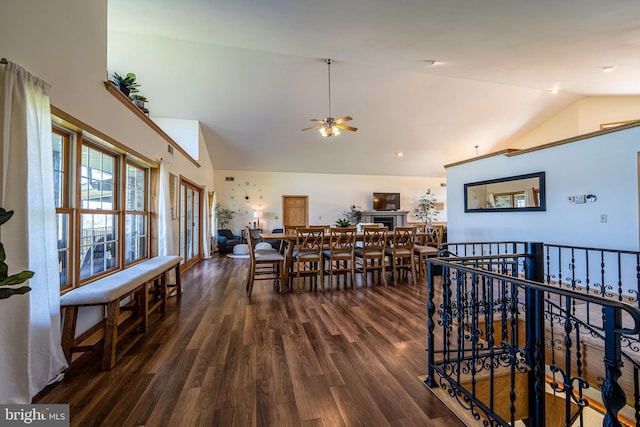 1874 Roundtop Rd, Wellsboro, PA 16901 - dining area with ceiling fan, dark wood-style floors, and high vaulted ceiling