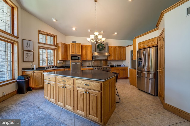 1874 Roundtop Rd, Wellsboro, PA 16901 - kitchen with stainless steel appliances, dark countertops, a chandelier, a sink, and light tile patterned floors