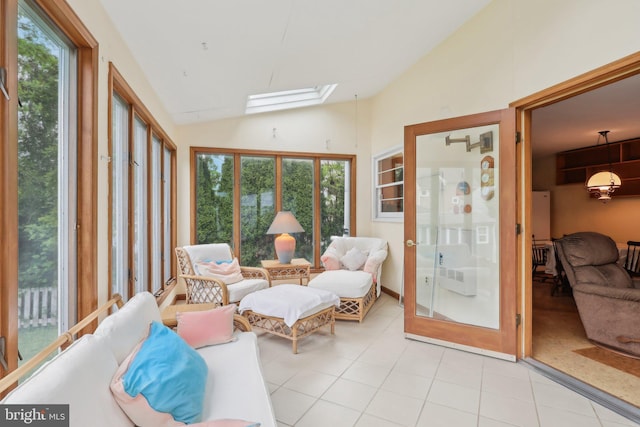 140 Ardmore Ave, Haddonfield, NJ 08033 - sunroom with a skylight, vaulted ceiling, tile patterned flooring, and french doors