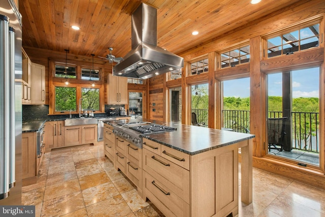 2042 Folk Rd, Fogelsville, PA 18051 - kitchen featuring island exhaust hood, stainless steel appliances, light brown cabinetry, wood ceiling, and a sink