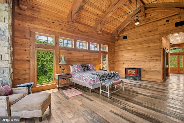 2042 Folk Rd, Fogelsville, PA 18051 - bedroom featuring multiple windows, wood-type flooring, wood walls, wooden ceiling with exposed beams, and high vaulted ceiling