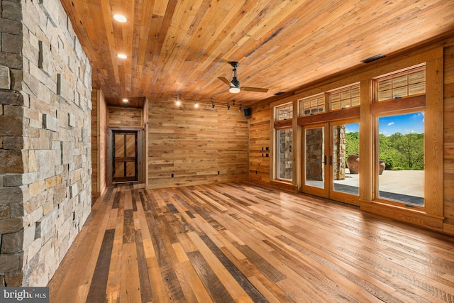 2042 Folk Rd, Fogelsville, PA 18051 - empty room with wooden ceiling, hardwood / wood-style flooring, french doors, recessed lighting, and a ceiling fan
