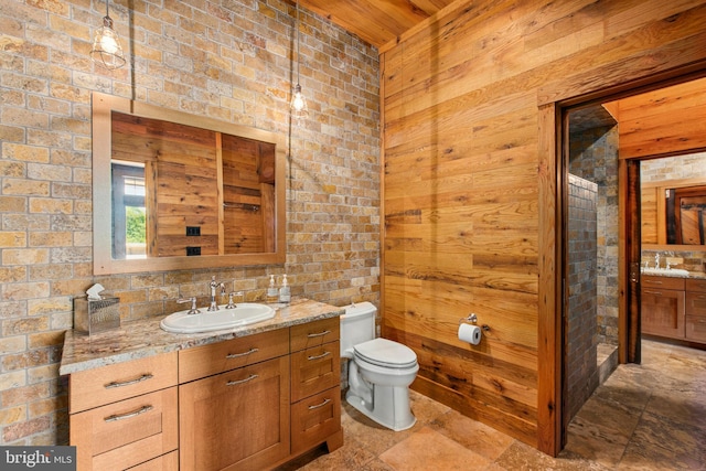 2042 Folk Rd, Fogelsville, PA 18051 - bathroom with wood ceiling, vanity, stone tile flooring, toilet, and wooden walls