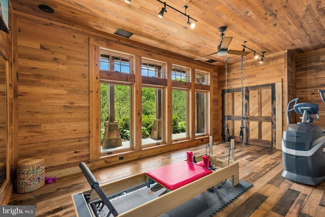 2042 Folk Rd, Fogelsville, PA 18051 - workout room featuring rail lighting, wooden walls, wood ceiling, ceiling fan, and hardwood / wood-style floors