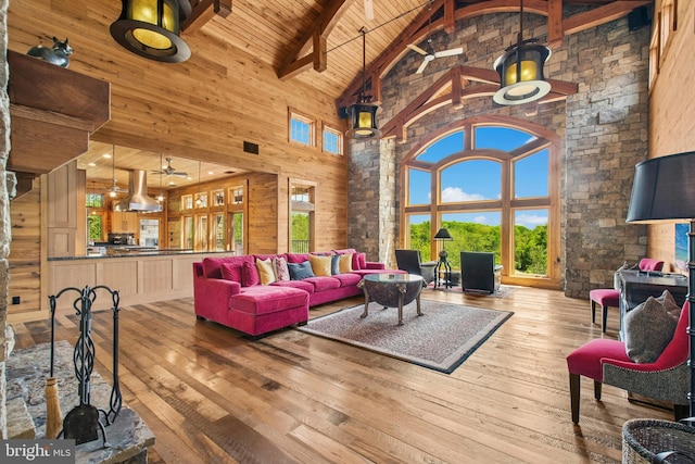 2042 Folk Rd, Fogelsville, PA 18051 - living room with high vaulted ceiling, wood-type flooring, wooden ceiling with exposed beams, and wood walls