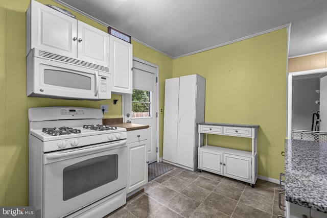 117 2nd Ave, Lindenwold, NJ 08021 - kitchen featuring white appliances, white cabinetry, baseboards, and crown molding