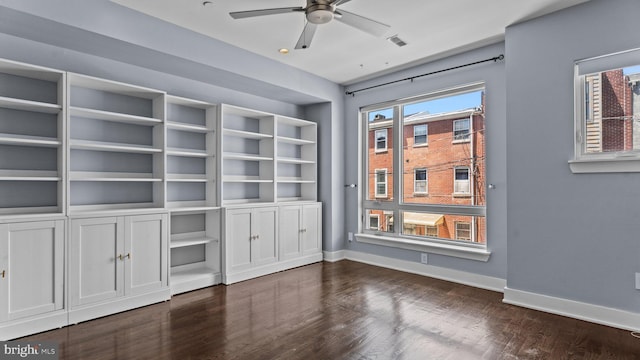 547 N 12th St Unit 2, Philadelphia, PA 19123 - empty room with dark wood-type flooring, ceiling fan, baseboards, and built in shelves