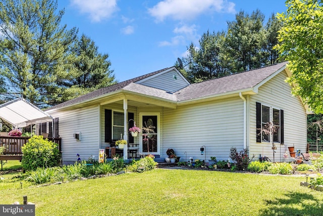 343 Mill Farm Trl, Berkeley Springs, WV 25411 - ranch-style house with a front yard, covered porch, and a shingled roof