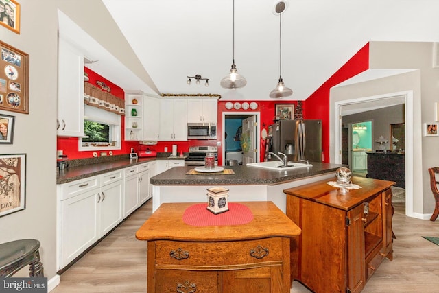 343 Mill Farm Trl, Berkeley Springs, WV 25411 - kitchen with appliances with stainless steel finishes, open shelves, lofted ceiling, dark countertops, and a sink