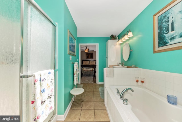 343 Mill Farm Trl, Berkeley Springs, WV 25411 - bathroom with a stall shower, a bath, tile patterned floors, and a ceiling fan