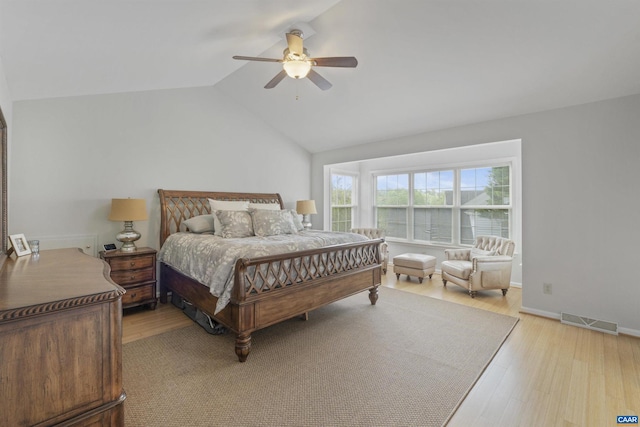 989 Clearfields Ln, Crozet, VA 22932 - bedroom with light wood-style floors, lofted ceiling, ceiling fan, and baseboards