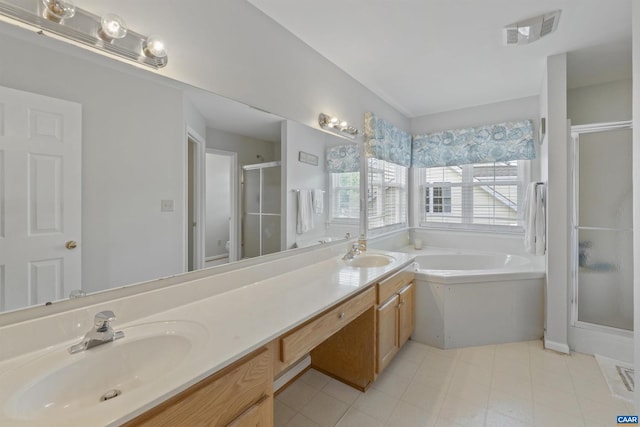 989 Clearfields Ln, Crozet, VA 22932 - bathroom with a stall shower, a garden tub, and double vanity