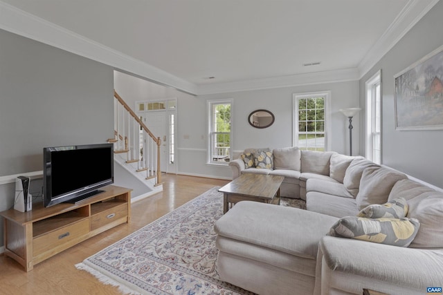 989 Clearfields Ln, Crozet, VA 22932 - living room with stairway, crown molding, and light wood-type flooring