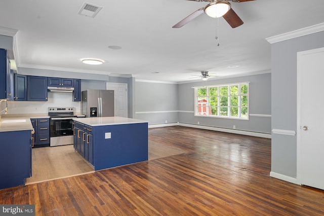 220 Firetower Rd, Port Deposit, MD 21904 - kitchen featuring appliances with stainless steel finishes, blue cabinetry, a ceiling fan, a sink, and under cabinet range hood