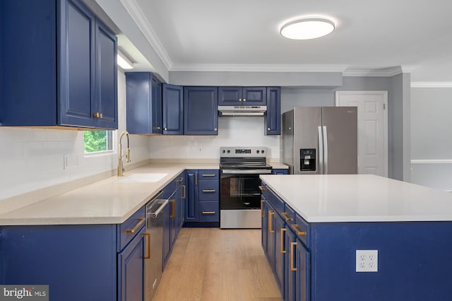 220 Firetower Rd, Port Deposit, MD 21904 - kitchen featuring appliances with stainless steel finishes, blue cabinets, a sink, under cabinet range hood, and light wood finished floors
