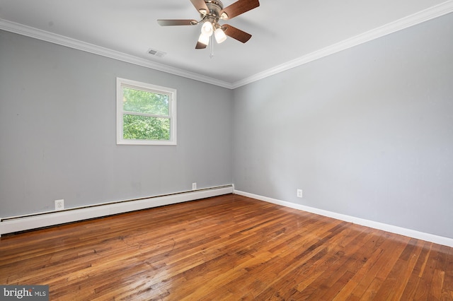 220 Firetower Rd, Port Deposit, MD 21904 - spare room featuring baseboard heating, hardwood / wood-style floors, baseboards, crown molding, and a ceiling fan