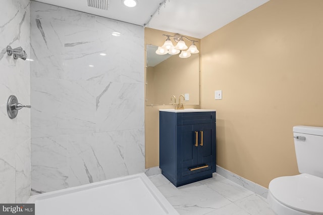 220 Firetower Rd, Port Deposit, MD 21904 - bathroom with toilet, marble look tiles, vanity, a marble finish shower, and baseboards