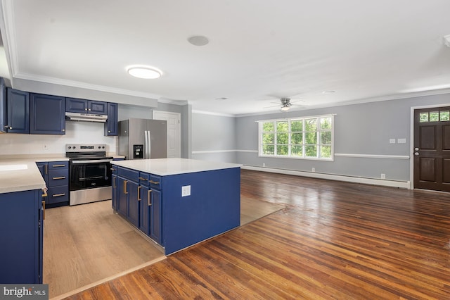 220 Firetower Rd, Port Deposit, MD 21904 - kitchen with stainless steel appliances, blue cabinets, under cabinet range hood, a baseboard radiator, and a ceiling fan