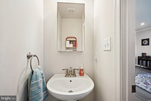 144 Bishop Way, Dublin, PA 18917 - bathroom with a sink, wood finished floors, and crown molding