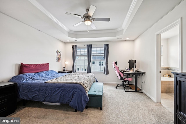 144 Bishop Way, Dublin, PA 18917 - carpeted bedroom with a tray ceiling, crown molding, an office area, ensuite bath, and baseboards