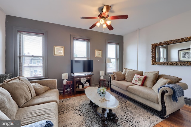 342 N Newberry St, York, PA 17401 - living room with ceiling fan, wood finished floors, and baseboards