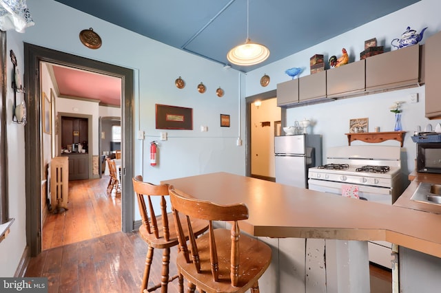 342 N Newberry St, York, PA 17401 - kitchen with freestanding refrigerator, radiator, hardwood / wood-style flooring, gray cabinetry, and gas range gas stove