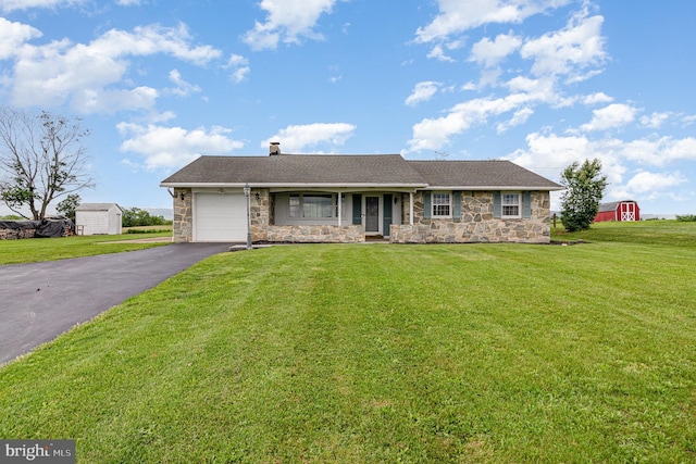 151 Steelstown Rd, Newville, PA 17241 - ranch-style home with stone siding, driveway, a garage, a chimney, and a front yard