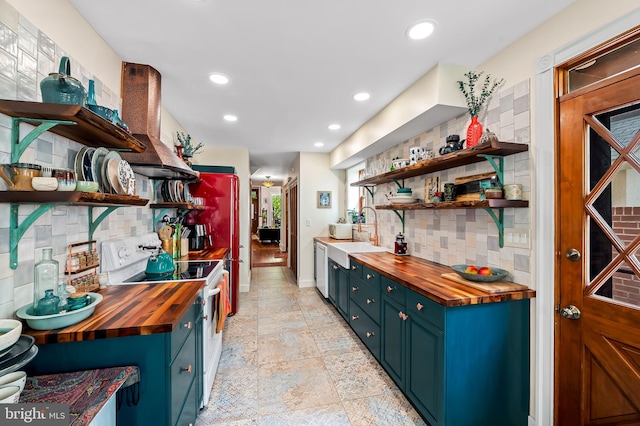 522 S Hanover St, Baltimore, MD 21201 - kitchen with butcher block countertops, open shelves, electric range, a sink, and recessed lighting