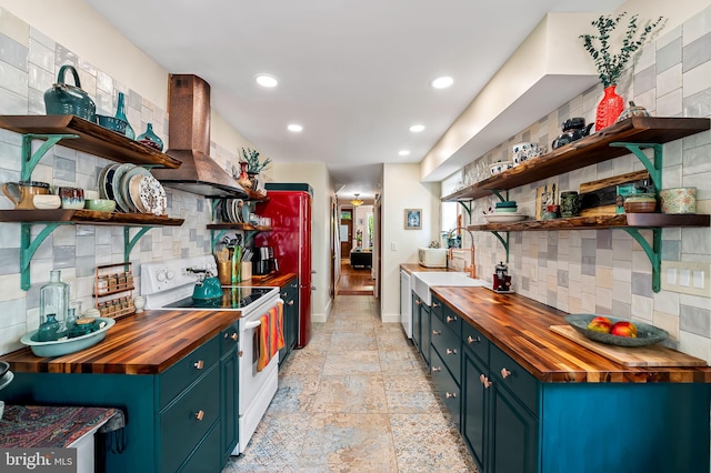522 S Hanover St, Baltimore, MD 21201 - kitchen featuring open shelves, wooden counters, white electric stove, and recessed lighting