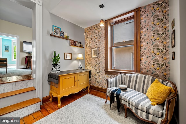 522 S Hanover St, Baltimore, MD 21201 - sitting room with baseboards, hardwood / wood-style flooring, and wallpapered walls