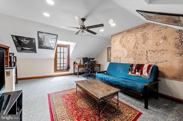 522 S Hanover St, Baltimore, MD 21201 - living room with lofted ceiling, carpet flooring, baseboards, a ceiling fan, and recessed lighting