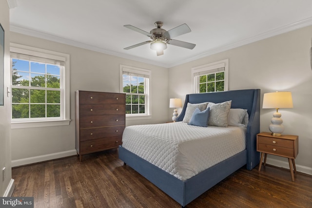 823 Church St, Alexandria, VA 22314 - bedroom featuring baseboards, dark wood-type flooring, ornamental molding, and a ceiling fan