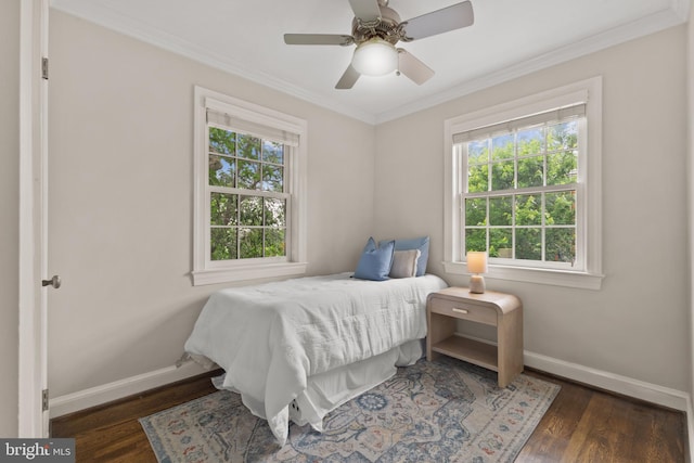 823 Church St, Alexandria, VA 22314 - bedroom with multiple windows, baseboards, ornamental molding, wood finished floors, and a ceiling fan