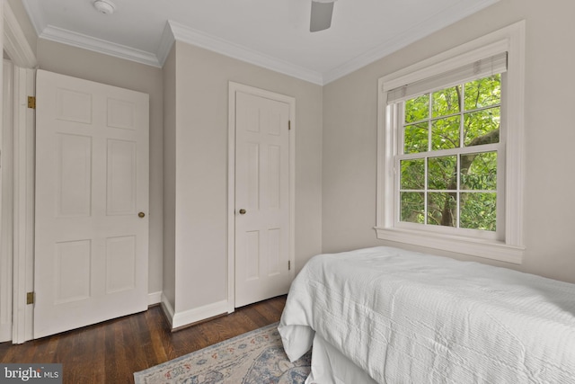 823 Church St, Alexandria, VA 22314 - bedroom featuring dark wood-type flooring, multiple windows, crown molding, baseboards, and a ceiling fan